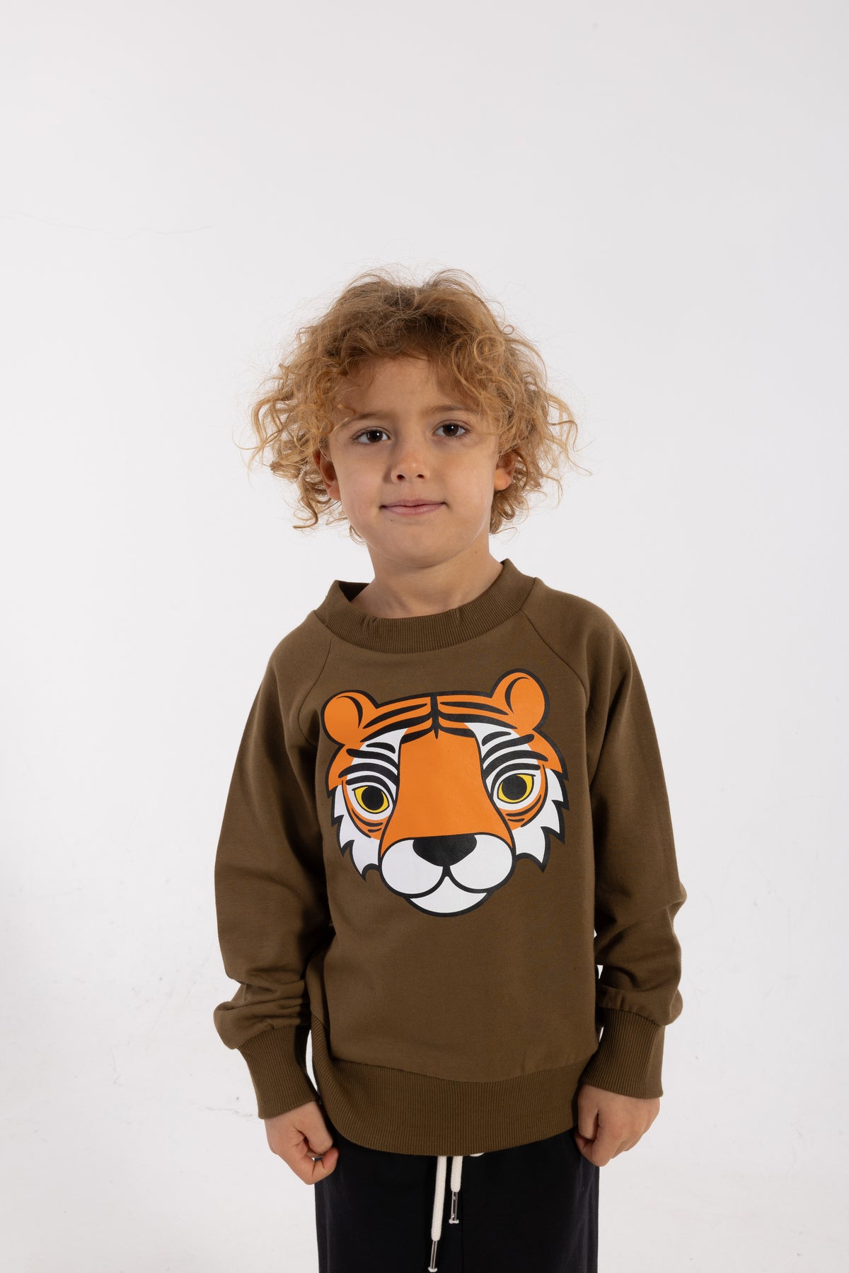 Skøn olivengrøn sweatshirt til børn med print af tiger