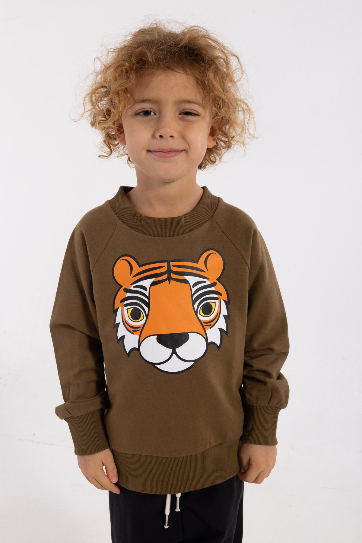 Skøn olivengrøn sweatshirt til børn med print af tiger