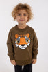 Skøn olivengrøn sweatshirt til børn med print af tiger