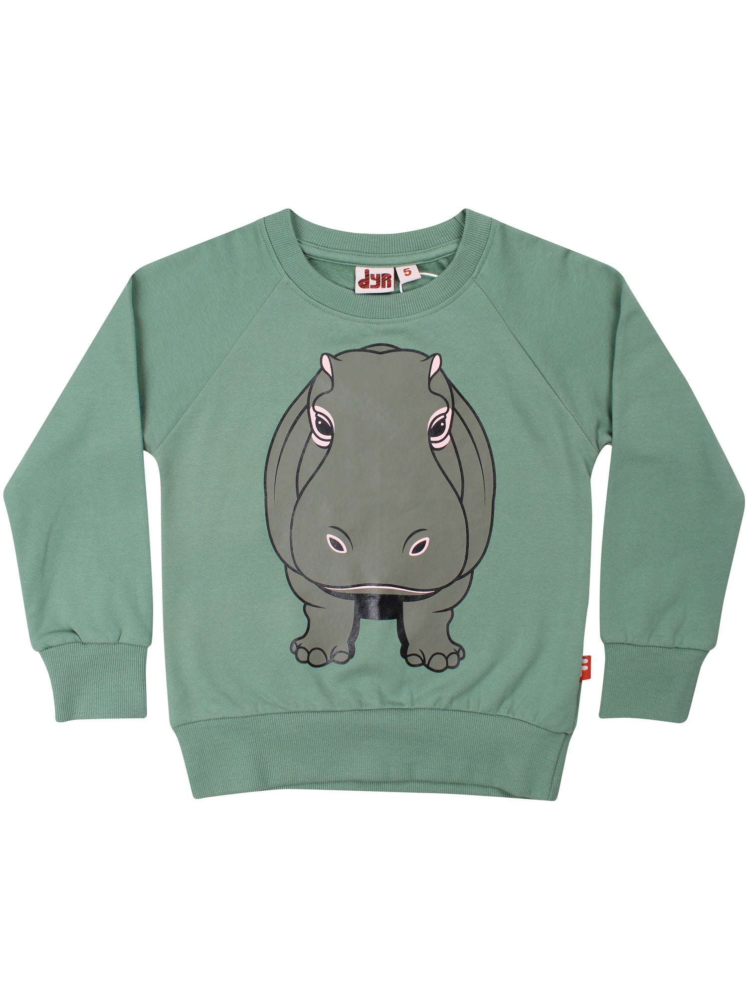 Skøn grøn sweatshirt til børn med print af flodhest