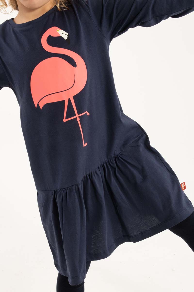 Sød mørkeblå kjole til børn med print af flamingo