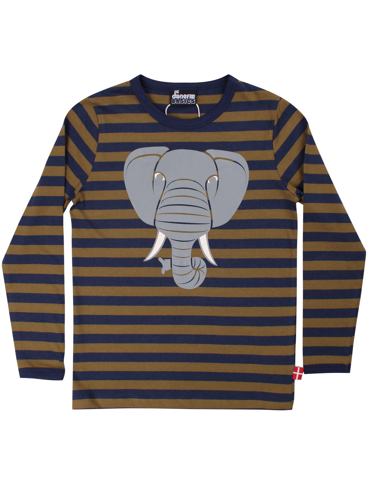 Sød langærmet bluse med olivengrønne og navyblå striber og print af elefant til børn fra Dyr Cph