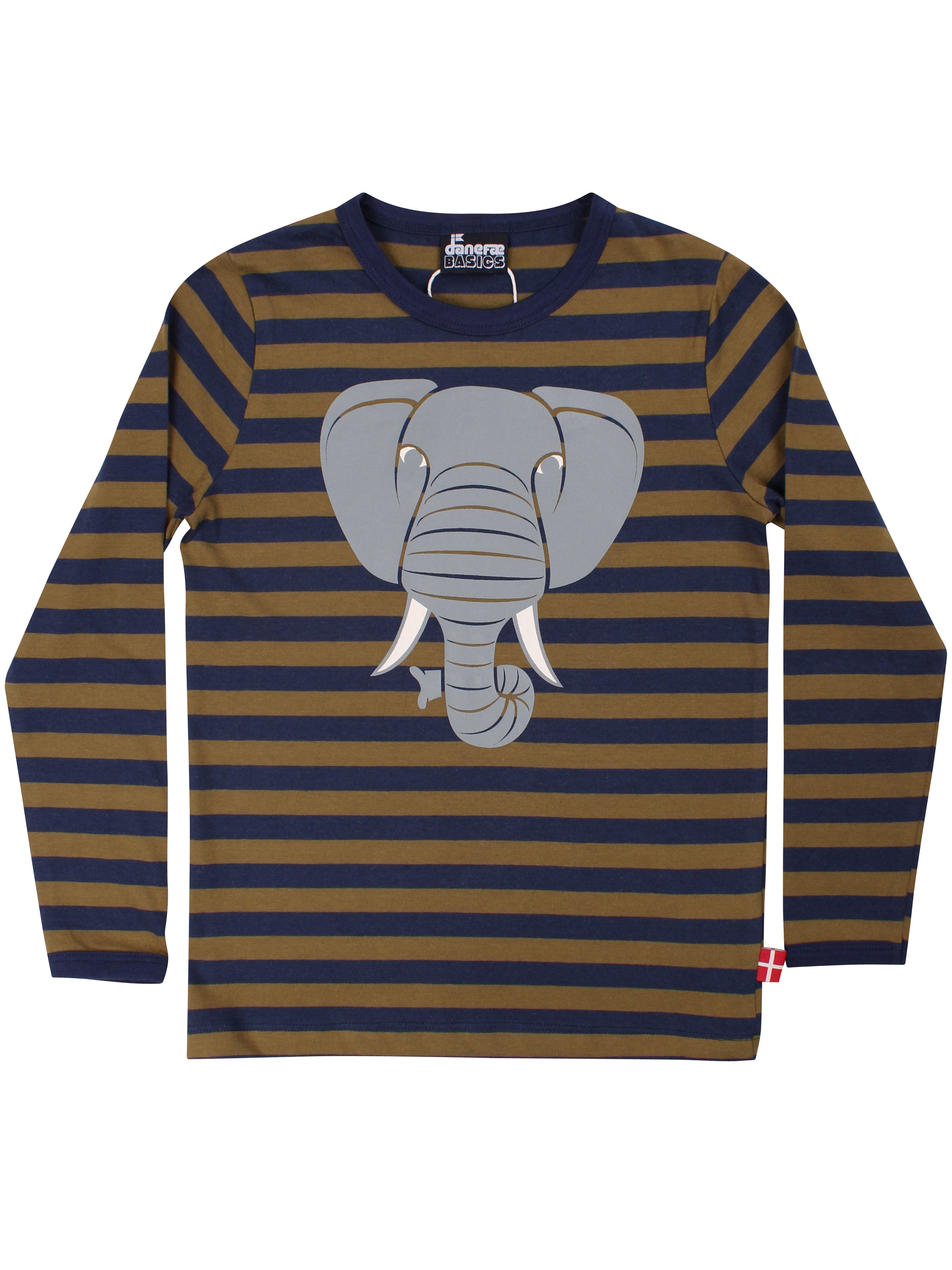 Sød langærmet bluse med olivengrønne og navyblå striber og print af elefant til børn fra Dyr Cph