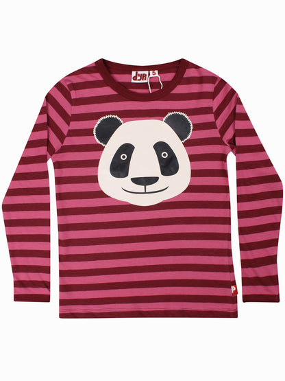 Sød langærmet bluse med kirsebærrøde og bærlyserøde striber og med print af panda til børn fra Dyr Cph