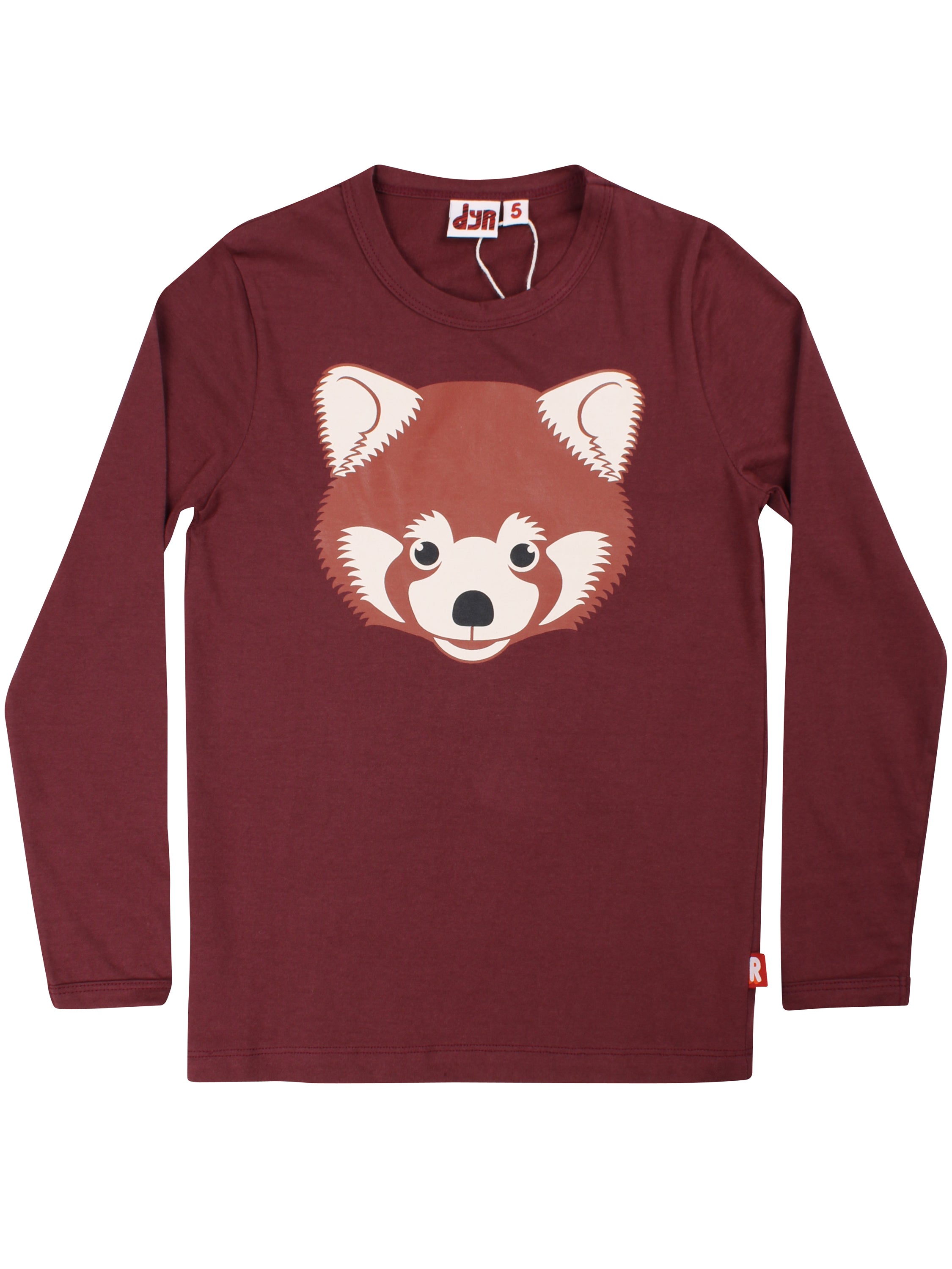Sød langærmet bluse i vinrød med print af rød panda til børn fra Dyr Cph