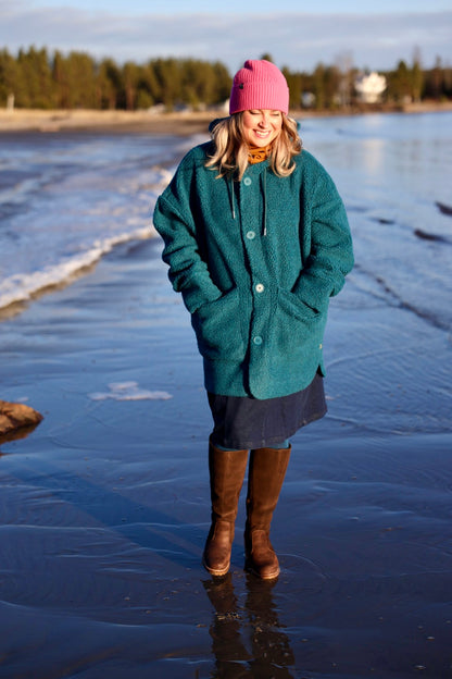 Lækker fuzzy fleecejakke i blågrøn nuance til kvinder