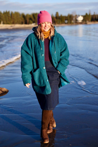 Lækker fuzzy fleecejakke i blågrøn nuance til kvinder