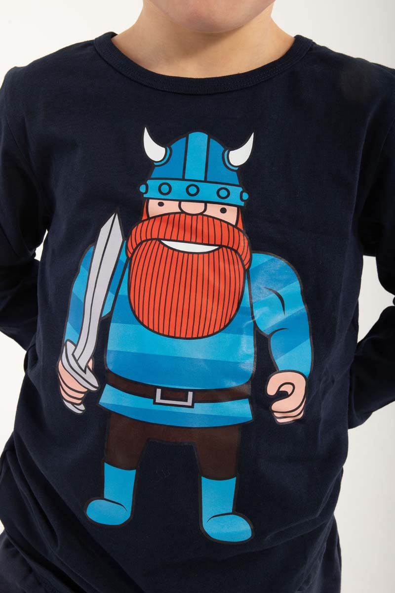 Sød navyblå bluse i bomuld til børn med print af vikingen Erik
