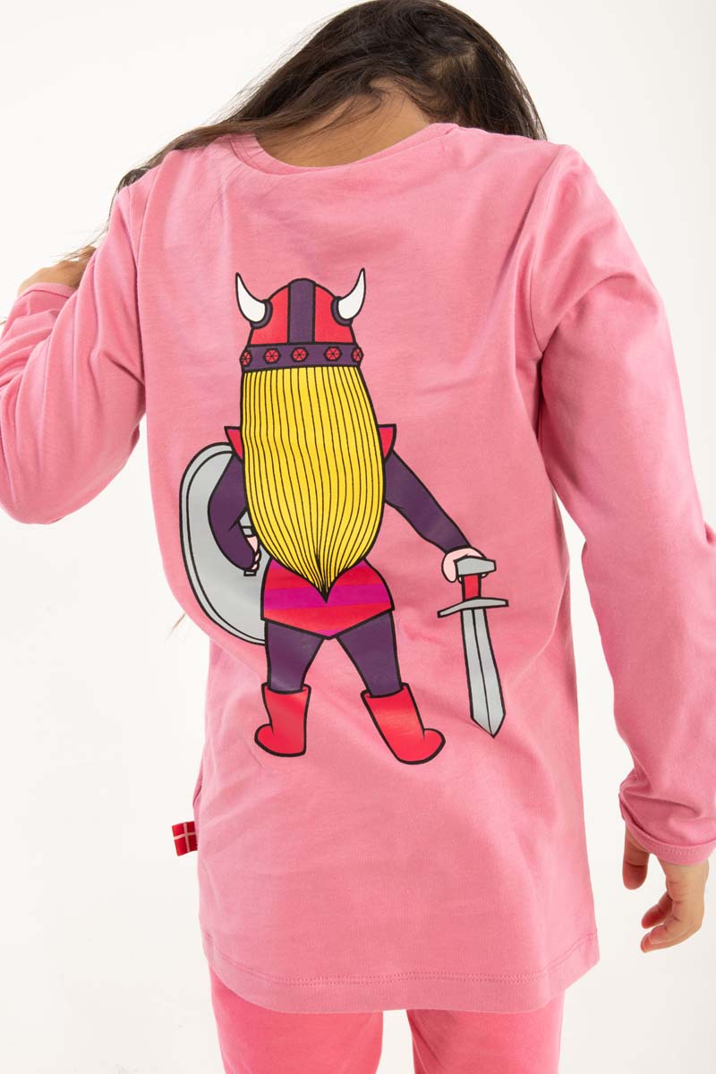 Lækker lyserød bluse med lange ærmer og print af vikingen Freja til børn