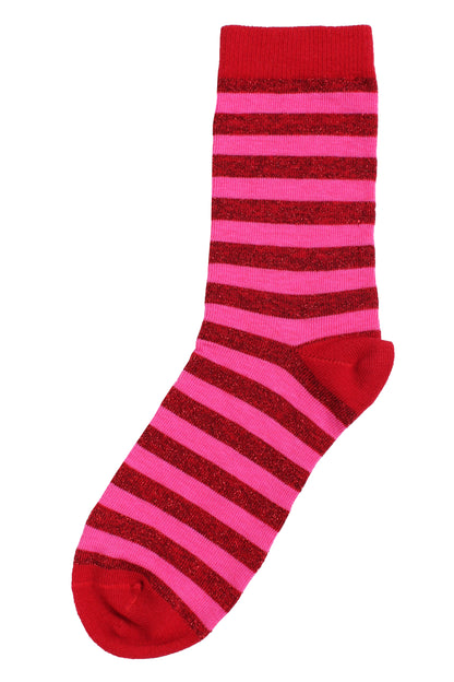 Stribede sokker med glittereffekt i lyserød og brændt rød til kvinder