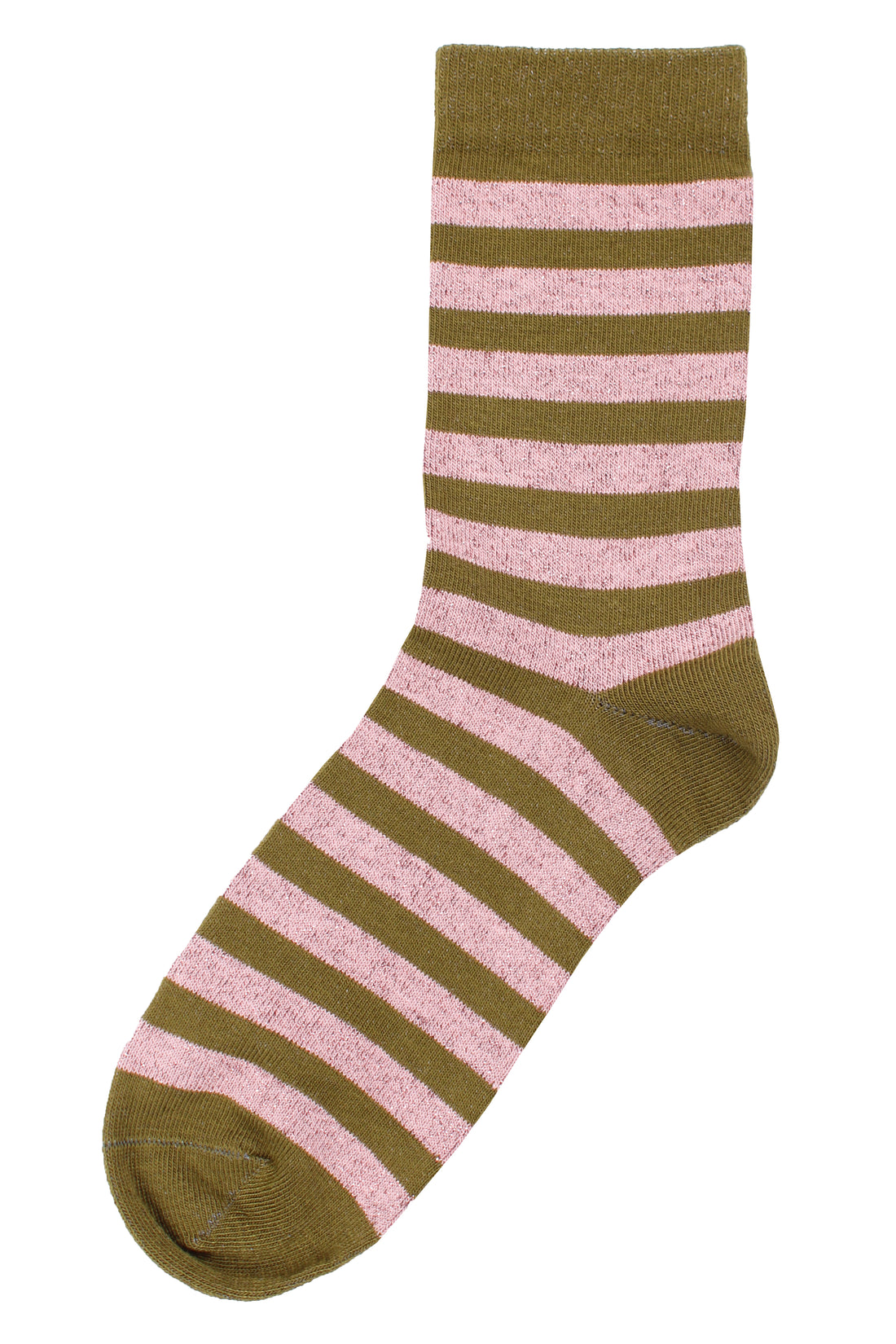 Stribede sokker med glittereffekt i støvet rosa og olivengrøn til kvinder