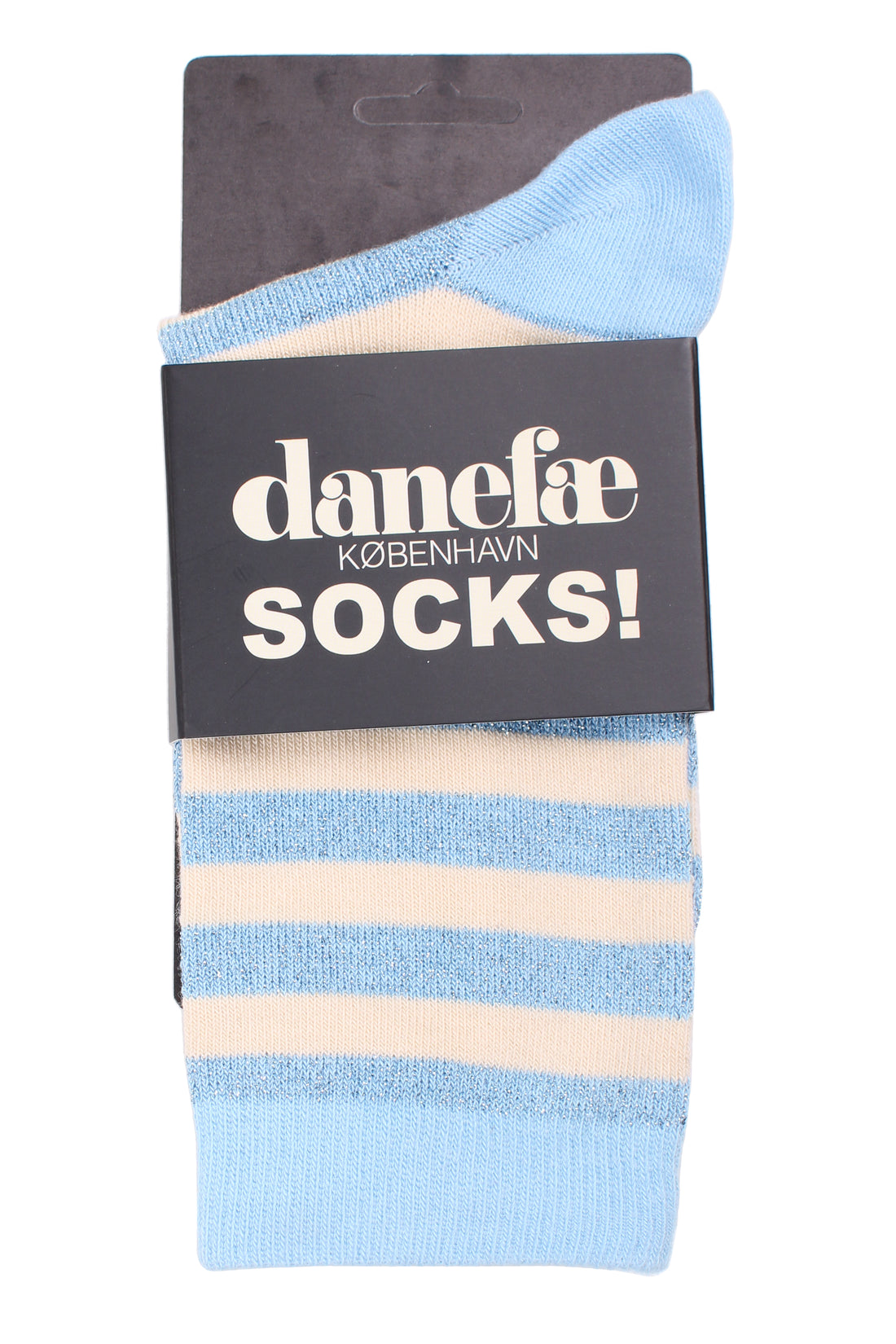 Stribede sokker med glittereffekt i lys himmelblå og knækket hvid til kvinder