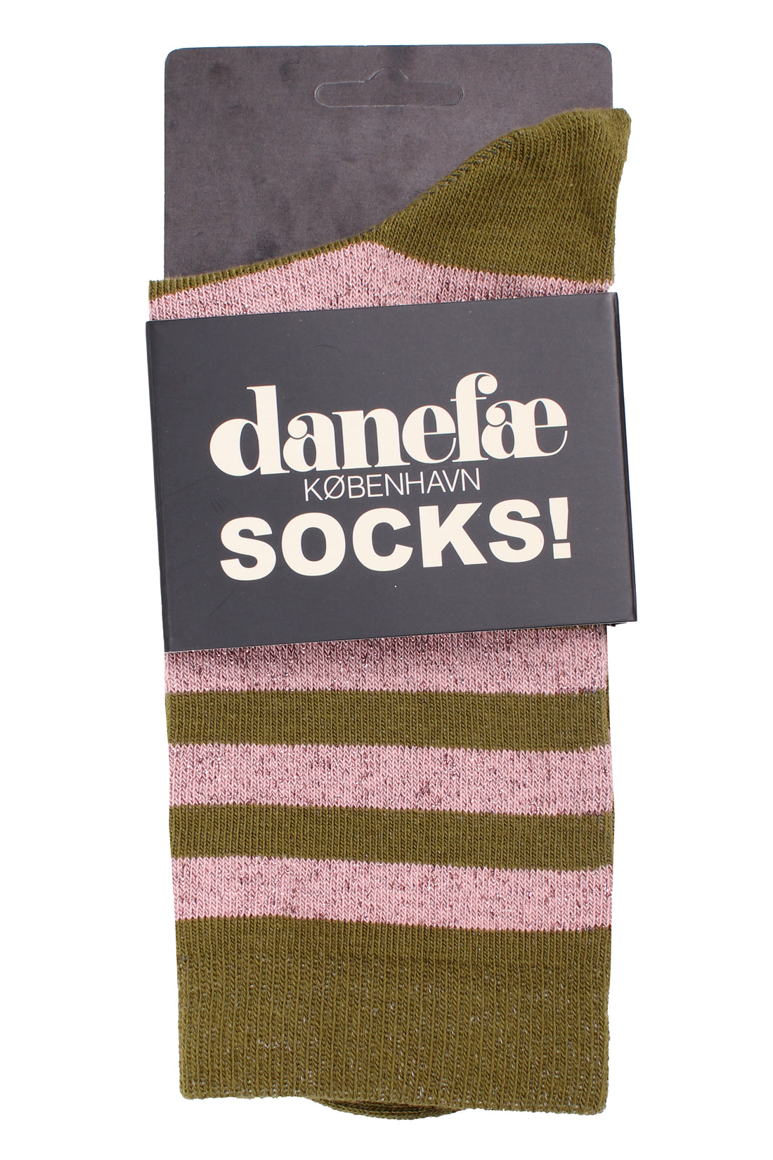 Stribede sokker med glittereffekt i støvet rosa og olivengrøn til kvinder