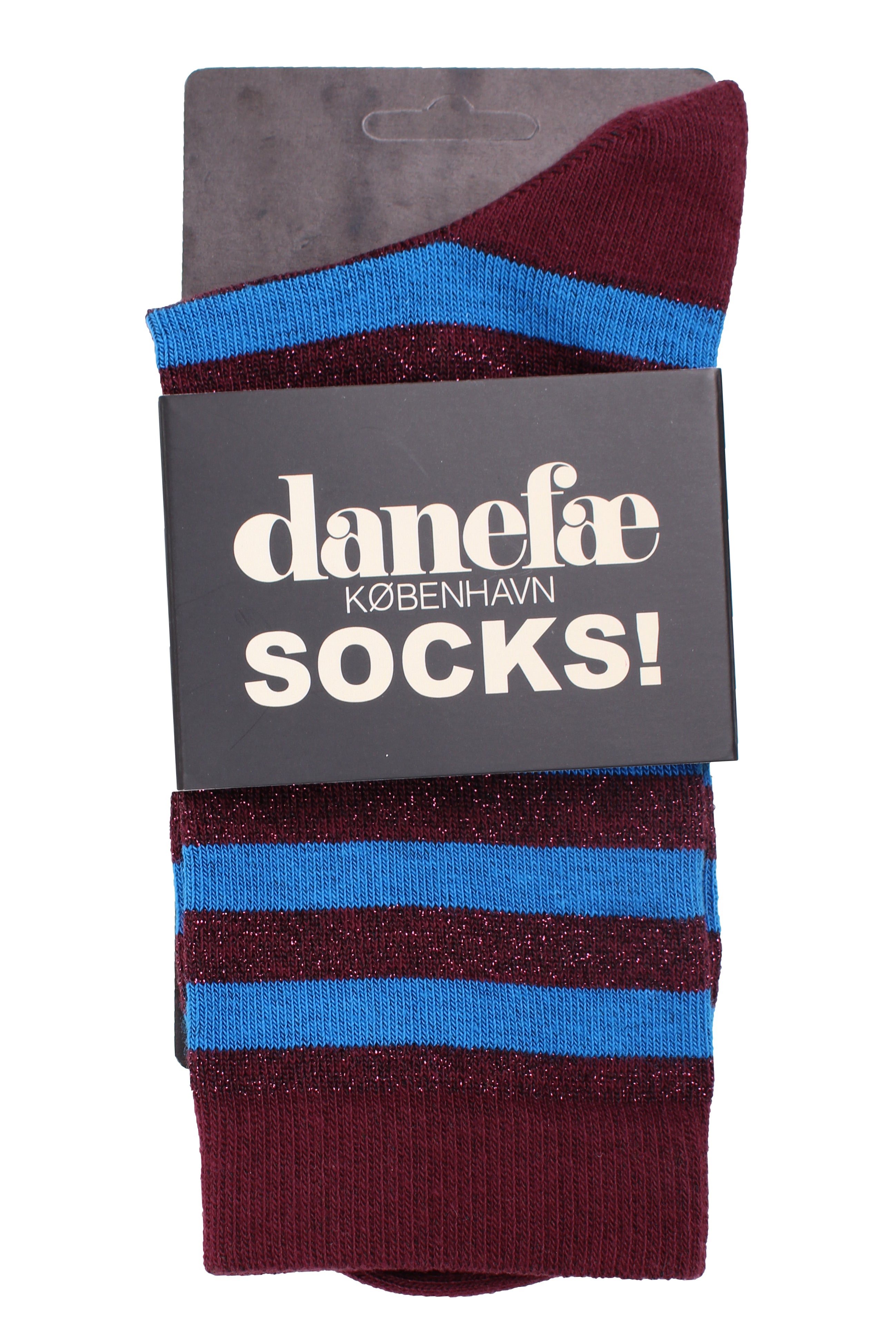 Stribede sokker med glittereffekt i mørk vinrød og blå til kvinder 