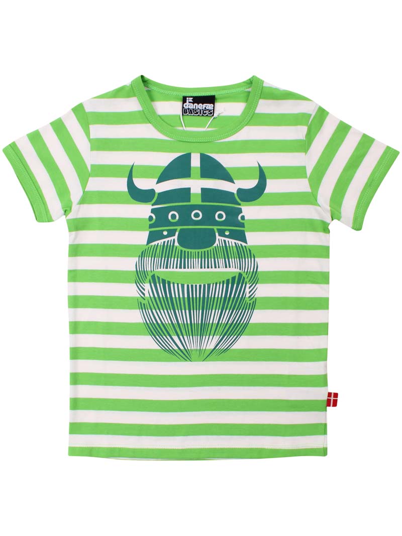 Sød t-shirt i bomuld med grønne og hvide striber til børn med print af vikingen Erik
