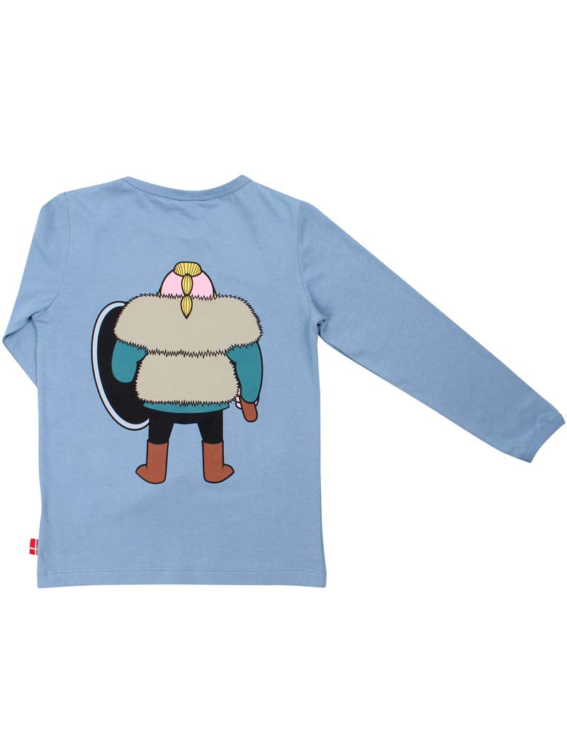 Fin langærmet bluse i støvet blå med print af vikingen Harald til børn