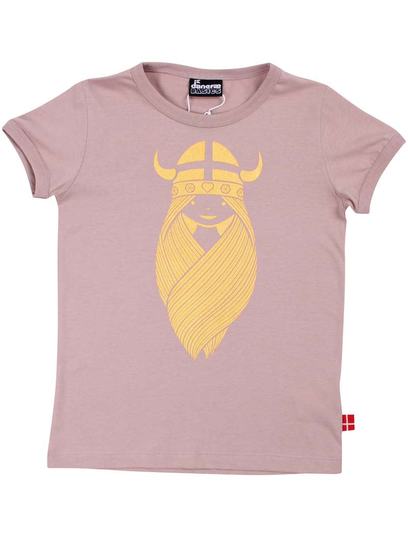 Sød rosabeige t-shirt i bomuld til børn med glitterprint af vikingen Freja