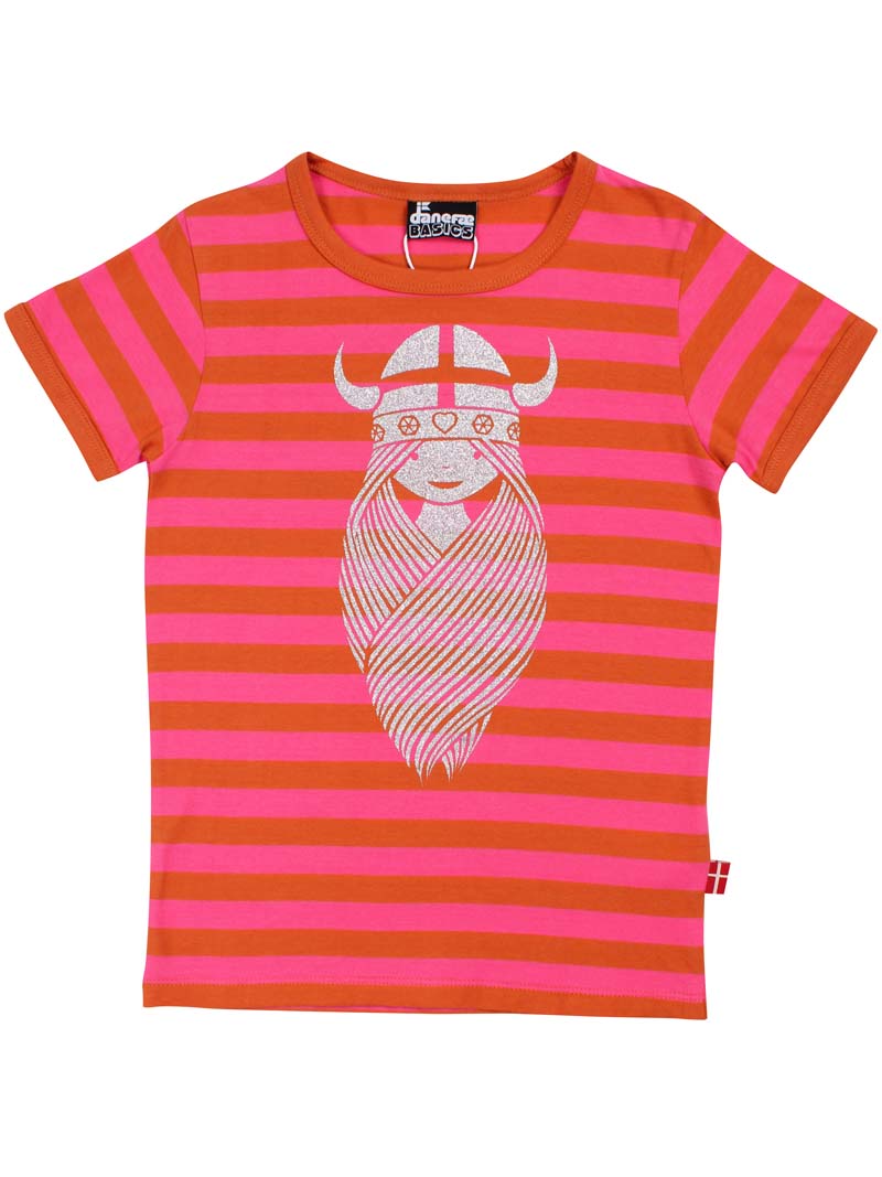 Sød t-shirt i bomuld med pink og rustrøde striber til børn med glitterprint af vikingen Freja