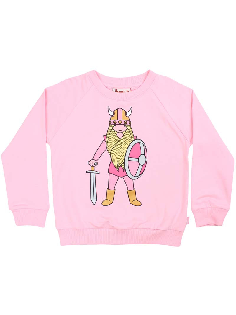 Sød lyserød sweatshirt til børn med print af vikingen Freja