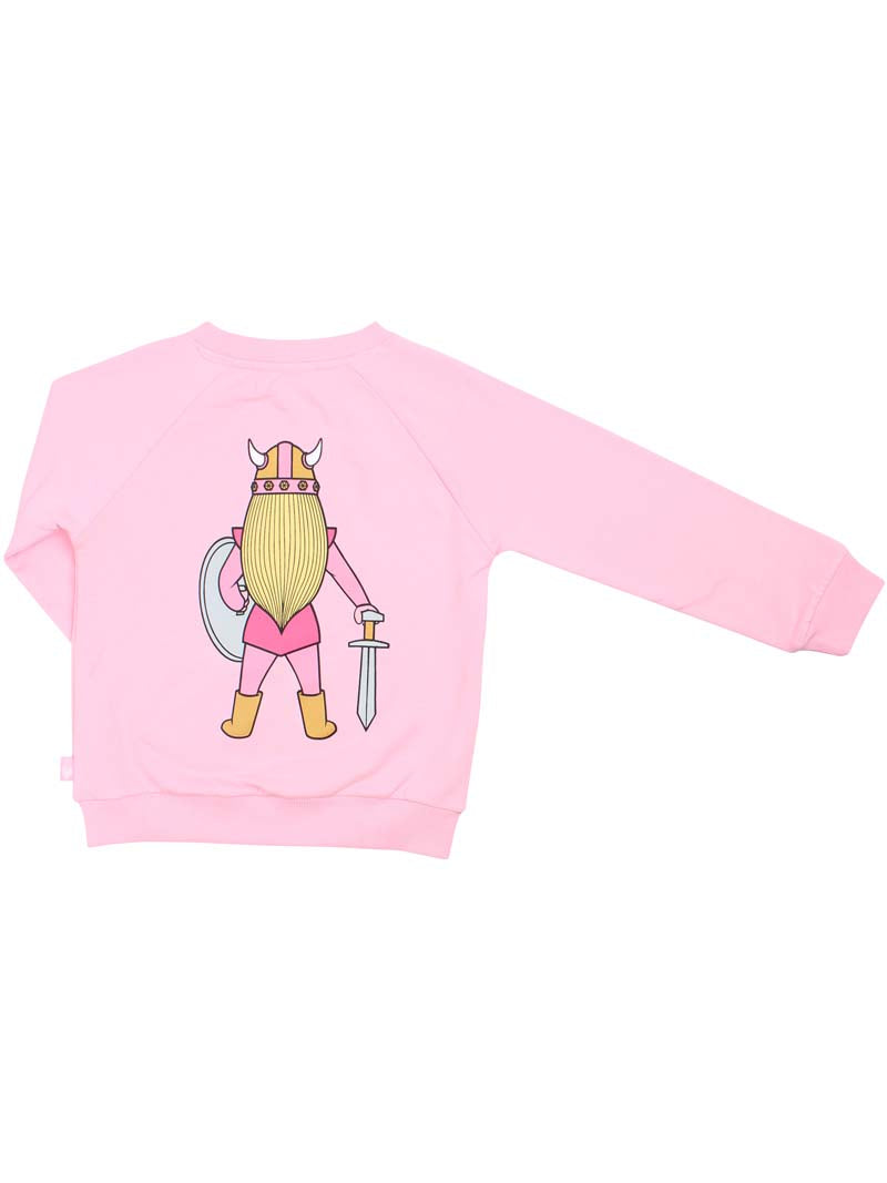 Sød lyserød sweatshirt til børn med print af vikingen Freja