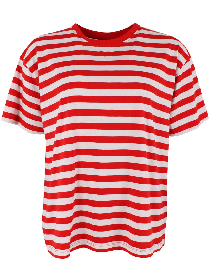 Fin boxy t-shirt med rund hals og røde og hvide striber til kvinder