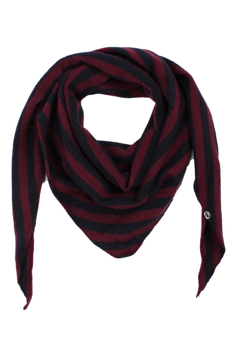 Trekantet tørklæde i 100% merinould med navyblå og bordeauxrøde striber