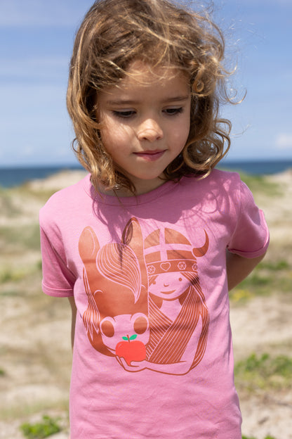 Sød rosa t-shirt i bomuld til børn med print af viking og hest