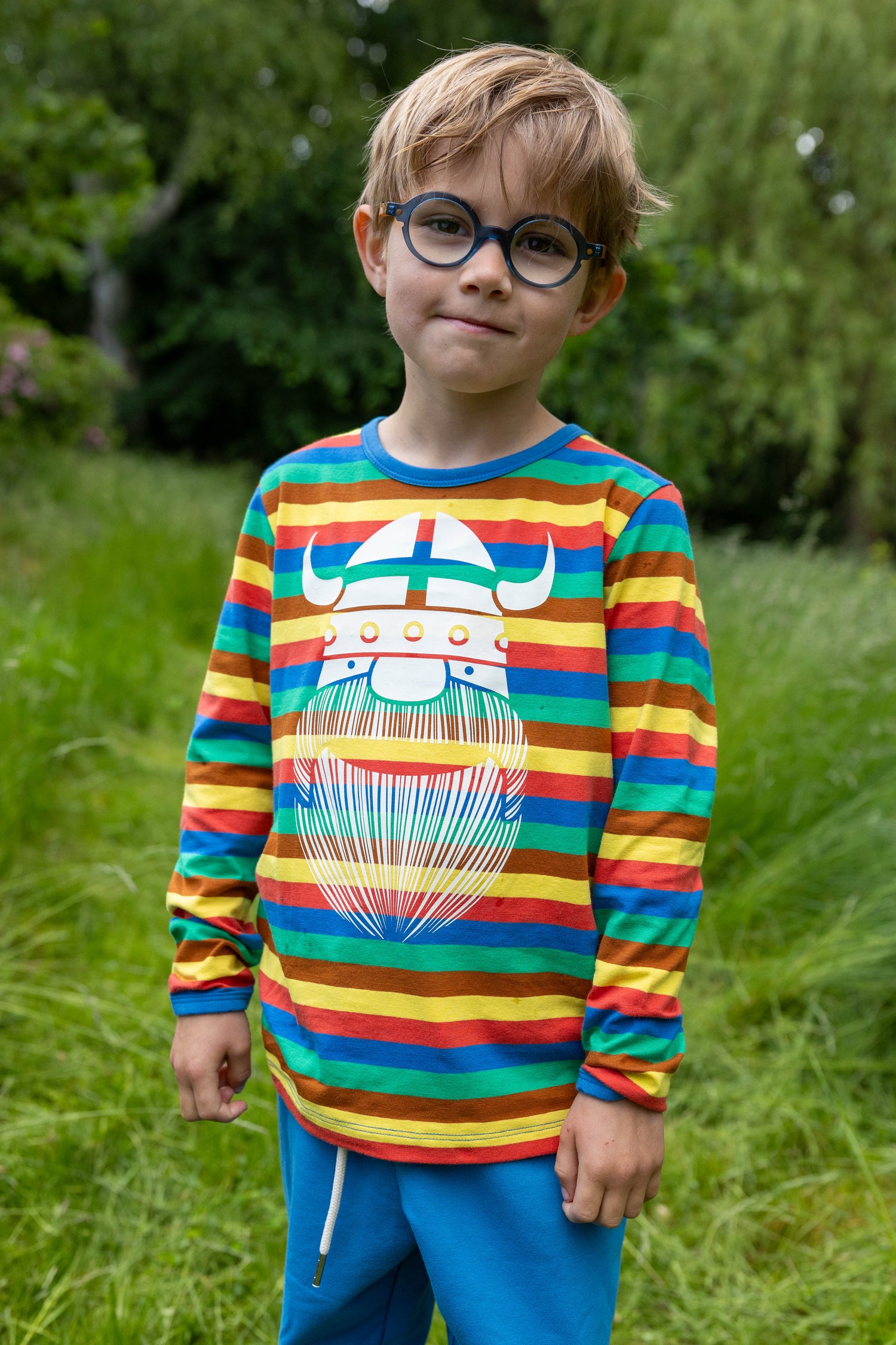 Stribet bluse i bomuld til børn med print af viking