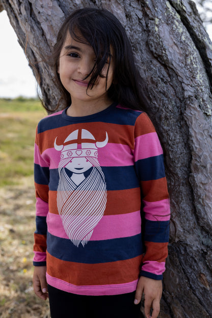 Stribet bluse i bomuld til børn med print af vikingen Freja