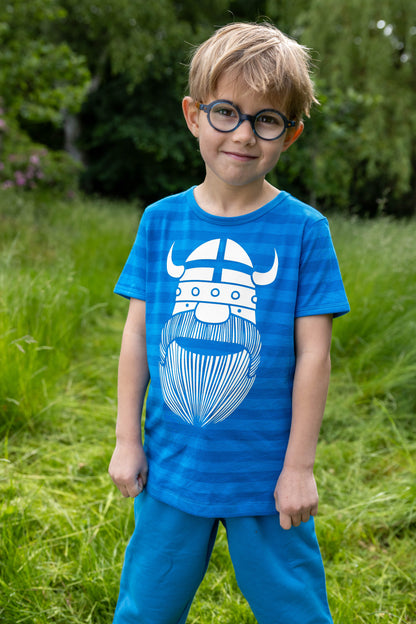 Sød t-shirt i bomuld med blå striber til børn med print af vikingen Erik