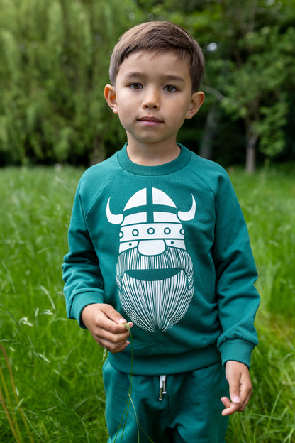 Sød grøn sweatshirt til børn med print af viking