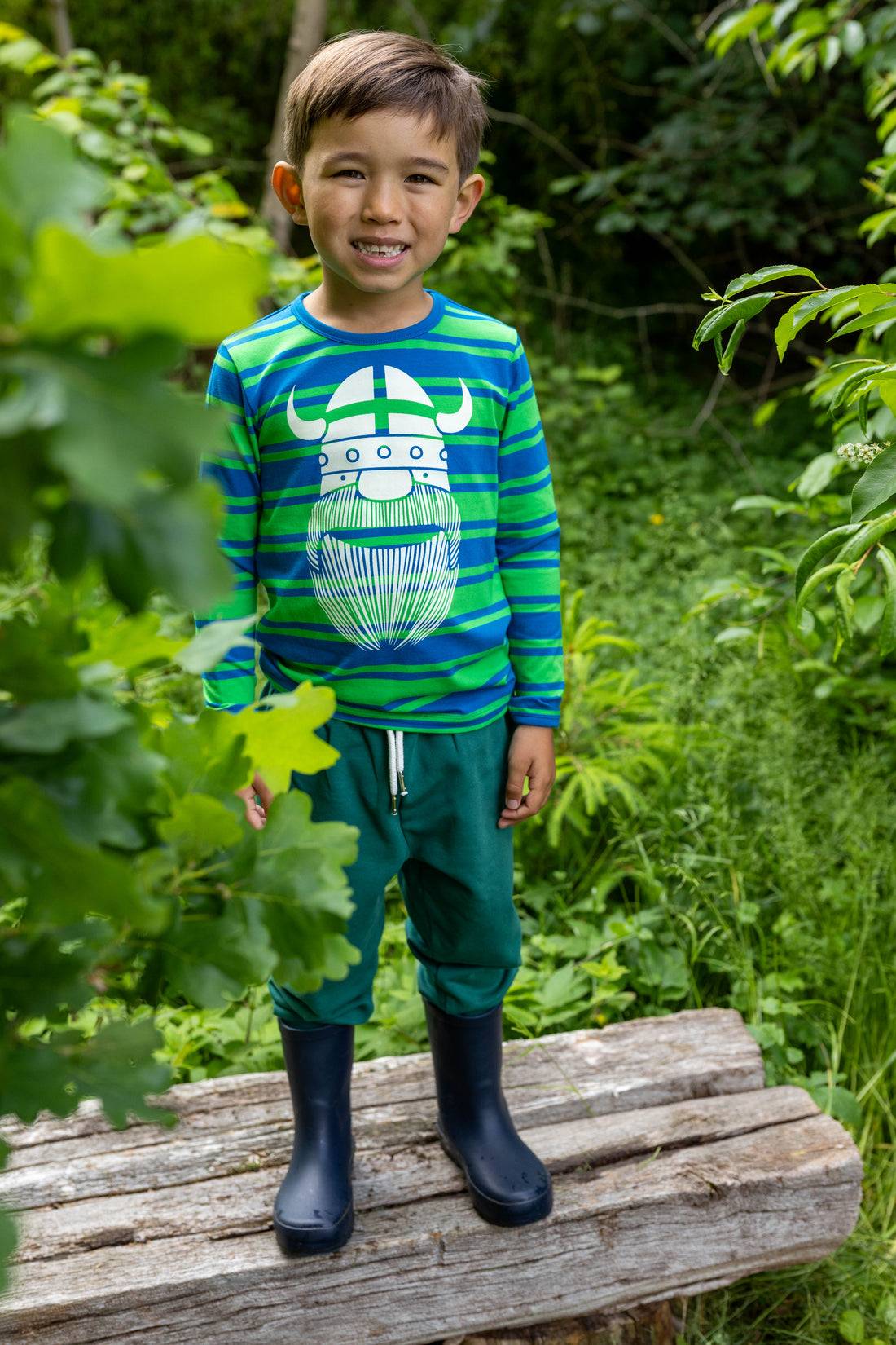 Stribet bluse i bomuld til børn med print af viking