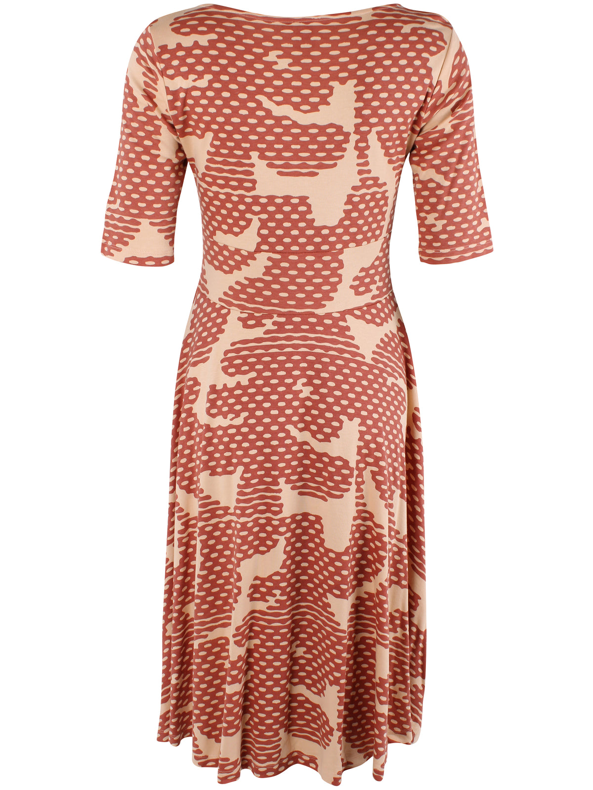 Fin mønstret kjole i orangebrun og varm sandfarve til kvinder