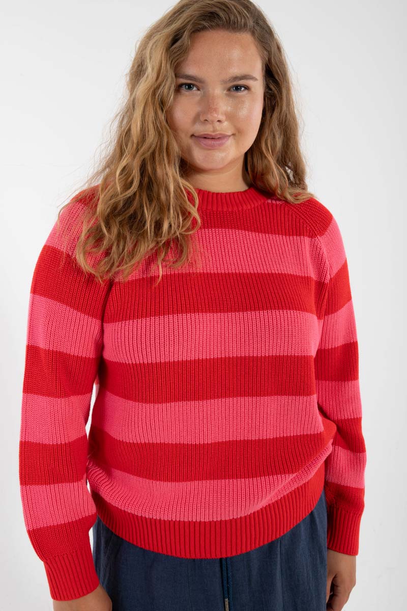 Pink rød stribet sweater til dame