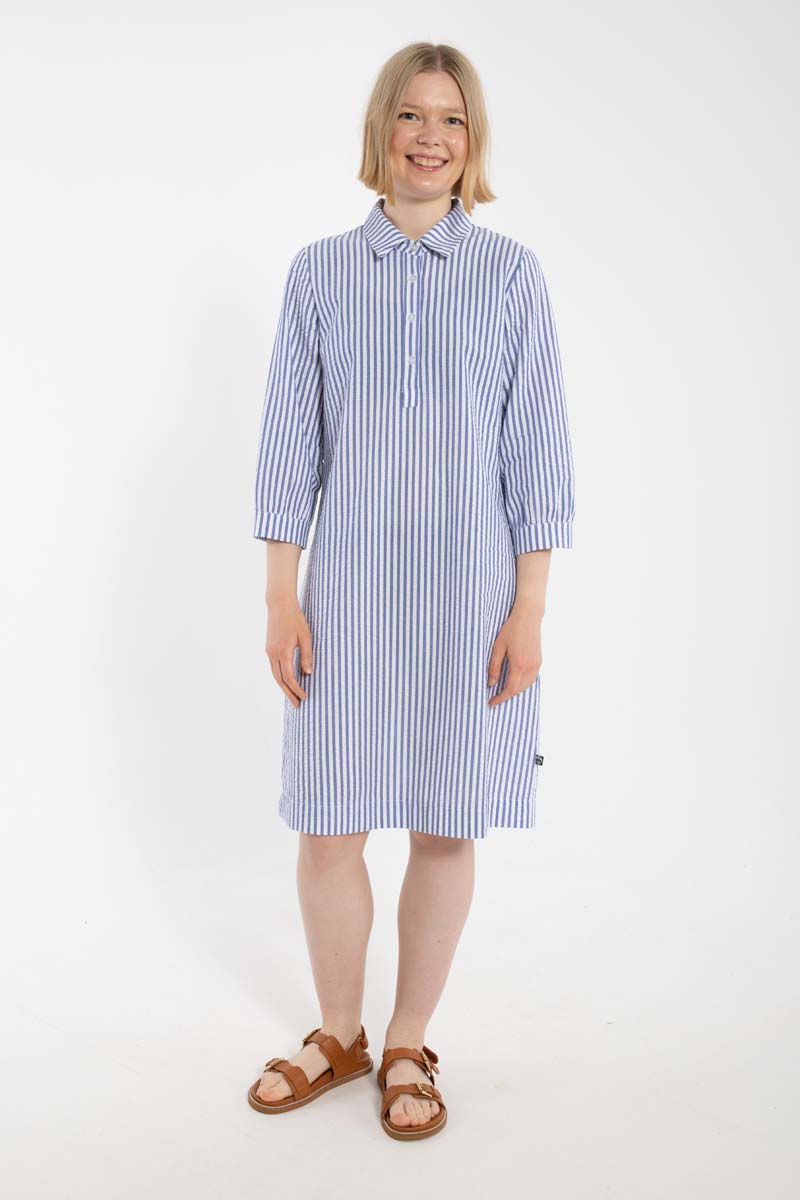 Fin bæk og bølge skjortekjole med blå og hvide striber til kvinder