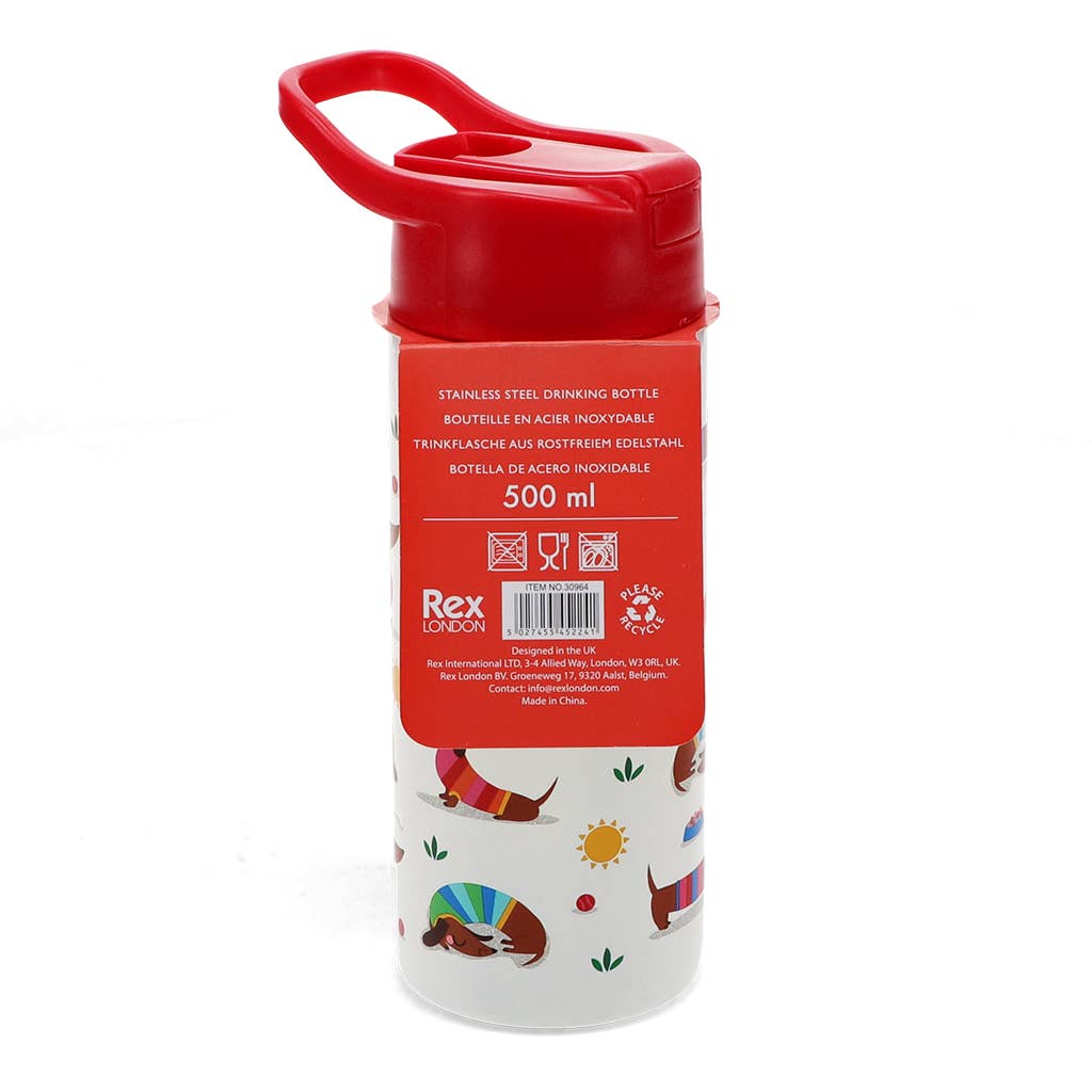 Rex Stainless steel bottle w. push button lid 500ml Sunny Sausage Dog