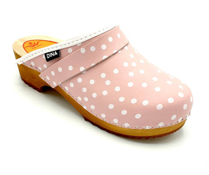 Dina Leather Clogs Pink Polka Dots