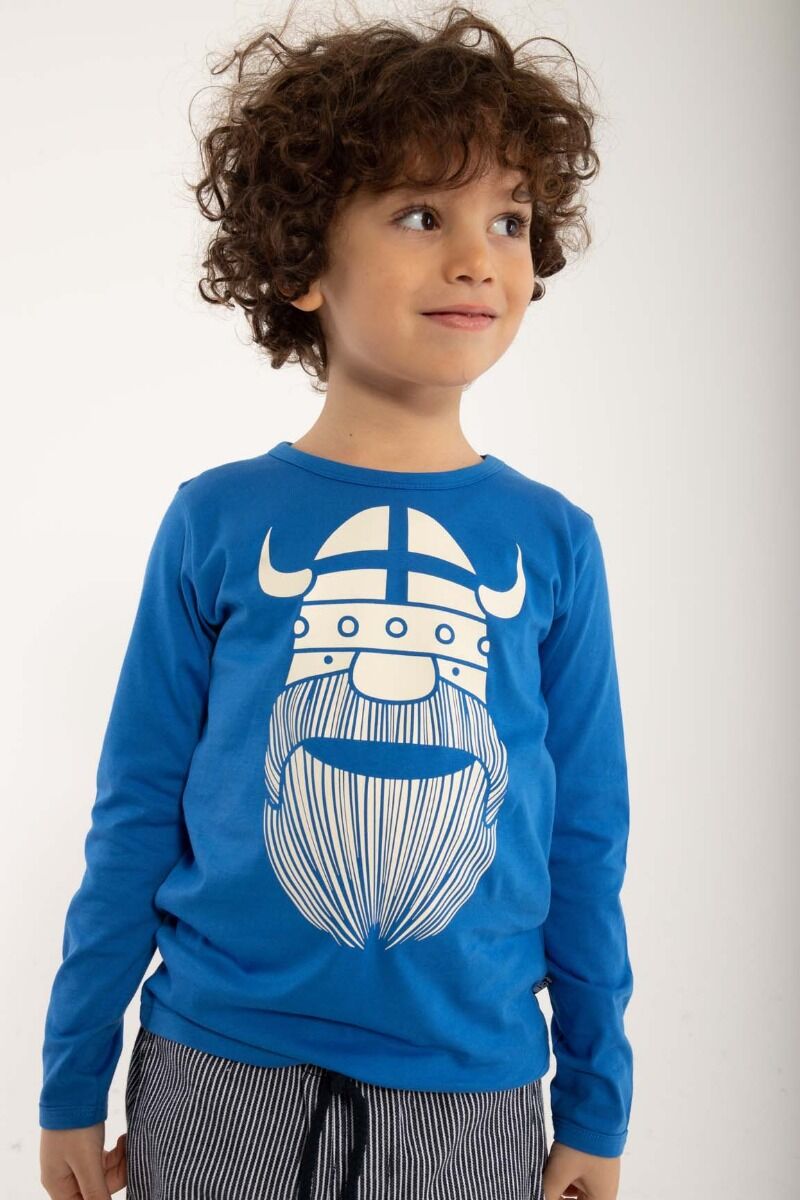 Langærmet blå bluse med print af vikingen Erik til børn