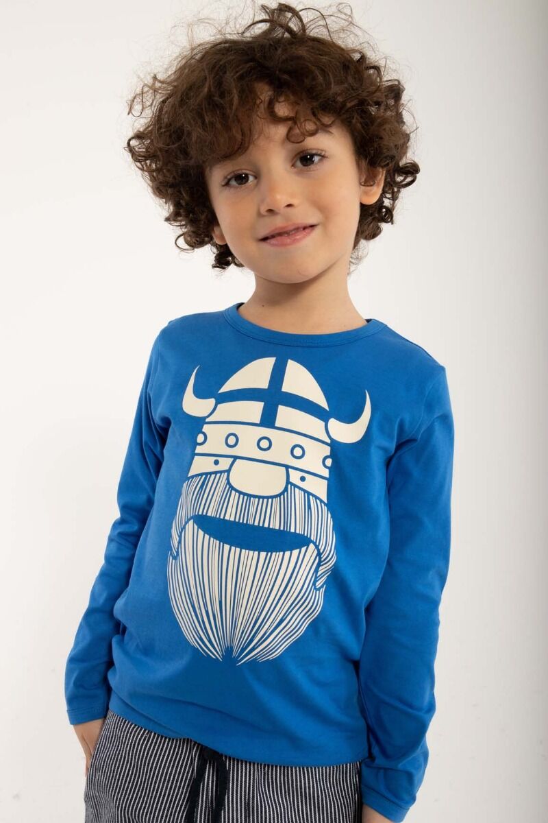 Langærmet blå bluse med print af vikingen Erik til børn