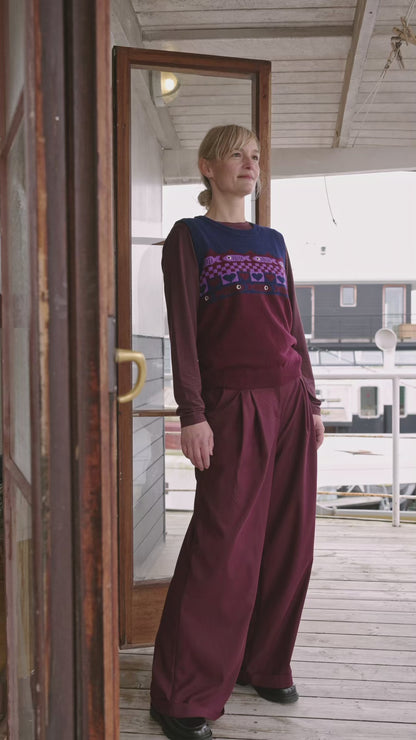 Danebeat Merino Wool Vest Deep Blue/Dark Wine_Fish Jaquard