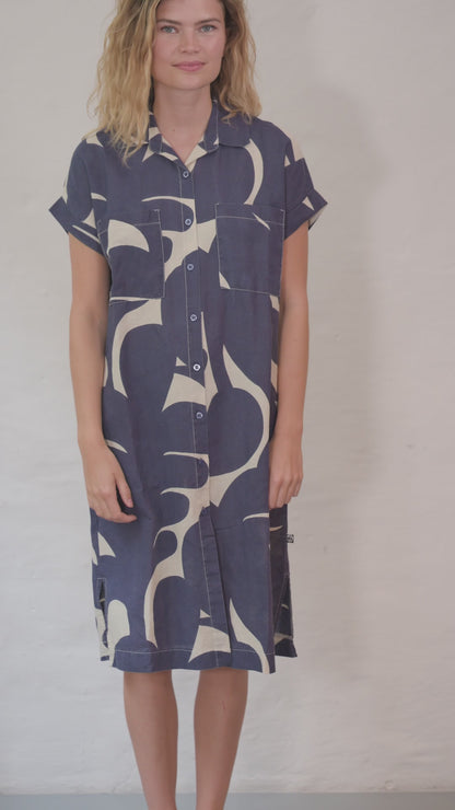 Danerrand Modal Linnen Dress Dark Navy/Chalk TROPS